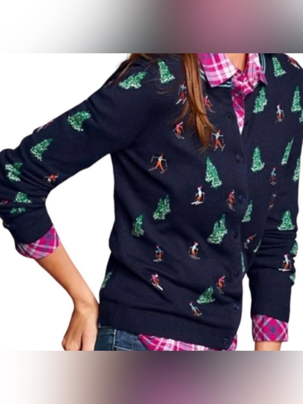 NEW Talbots Navy Embroidered Apres Ski Cardigan Sweater XS Cotton Cashmere NWT